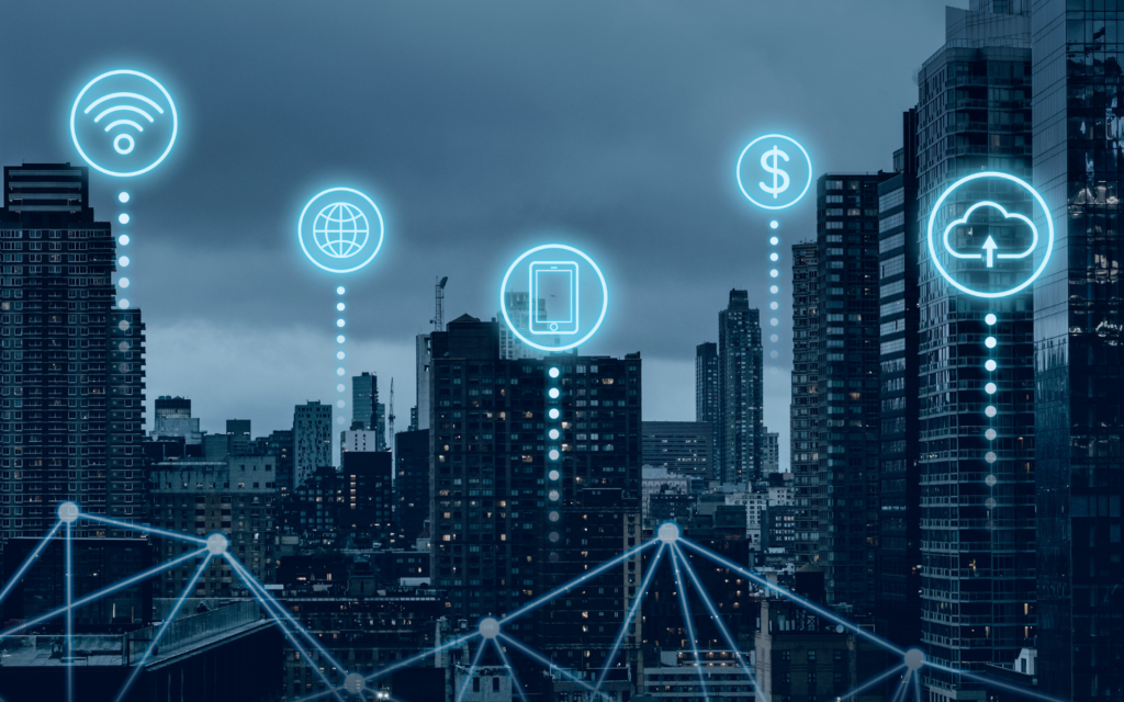 Ciudad inteligente interconectada con nodos de red y símbolos de tecnología digital, representando la digitalización de negocios y soluciones tecnológicas avanzadas.