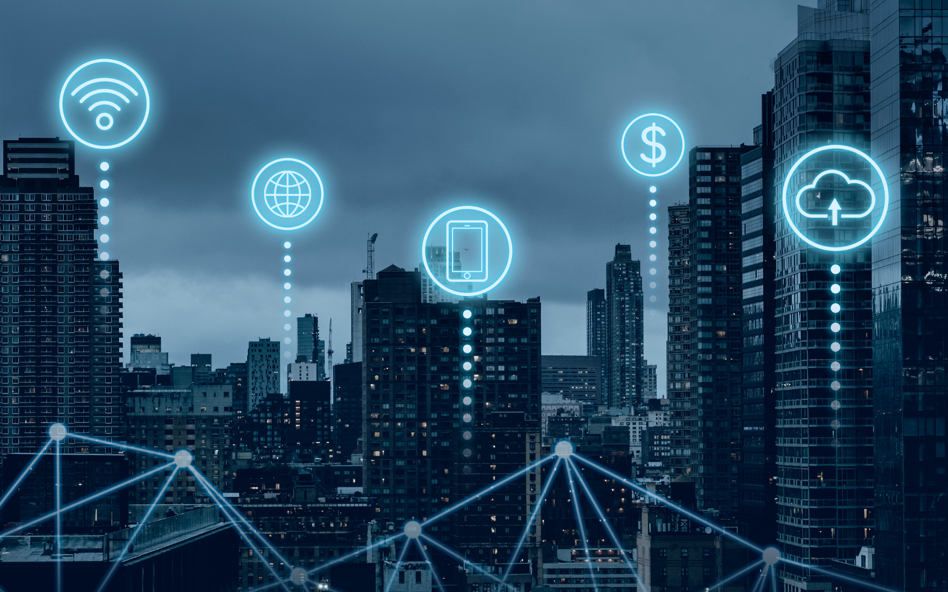 Ciudad inteligente interconectada con nodos de red y símbolos de tecnología digital, representando la digitalización de negocios y soluciones tecnológicas avanzadas.