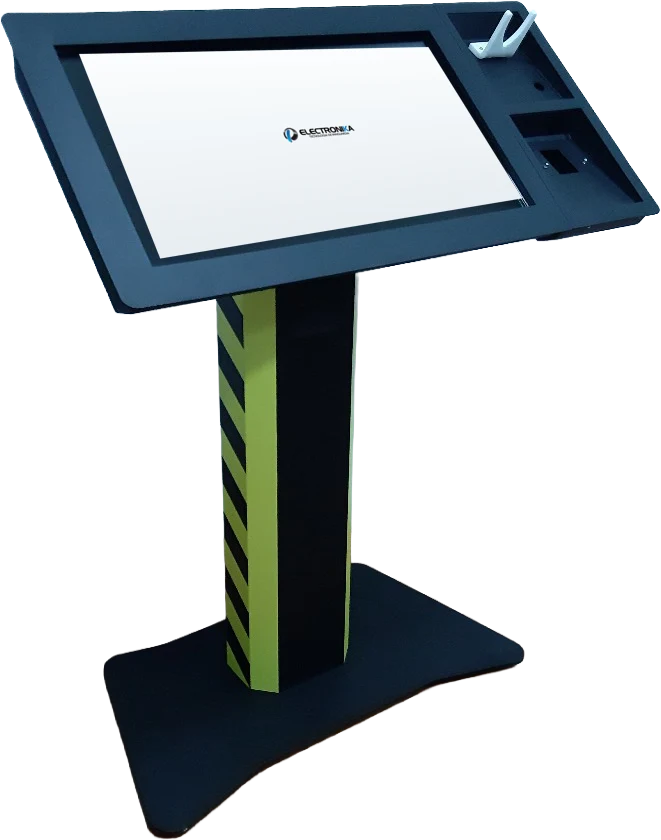 Kiosco tipo atril Homecenter con pantalla inclinada y logo Electronika